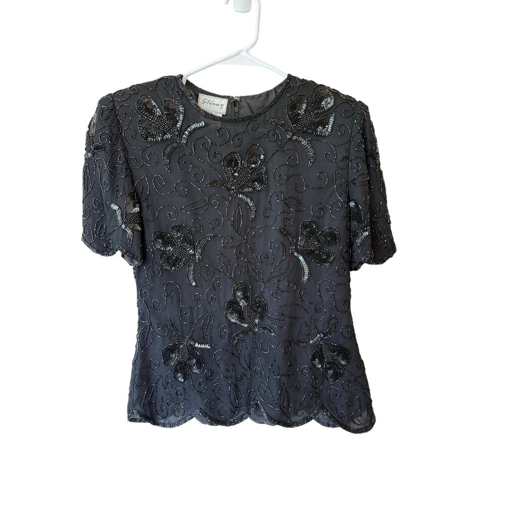 Stenay Short Sleeve Embossed Sequin Beaded Top Scalloped Hem Black Women's Small